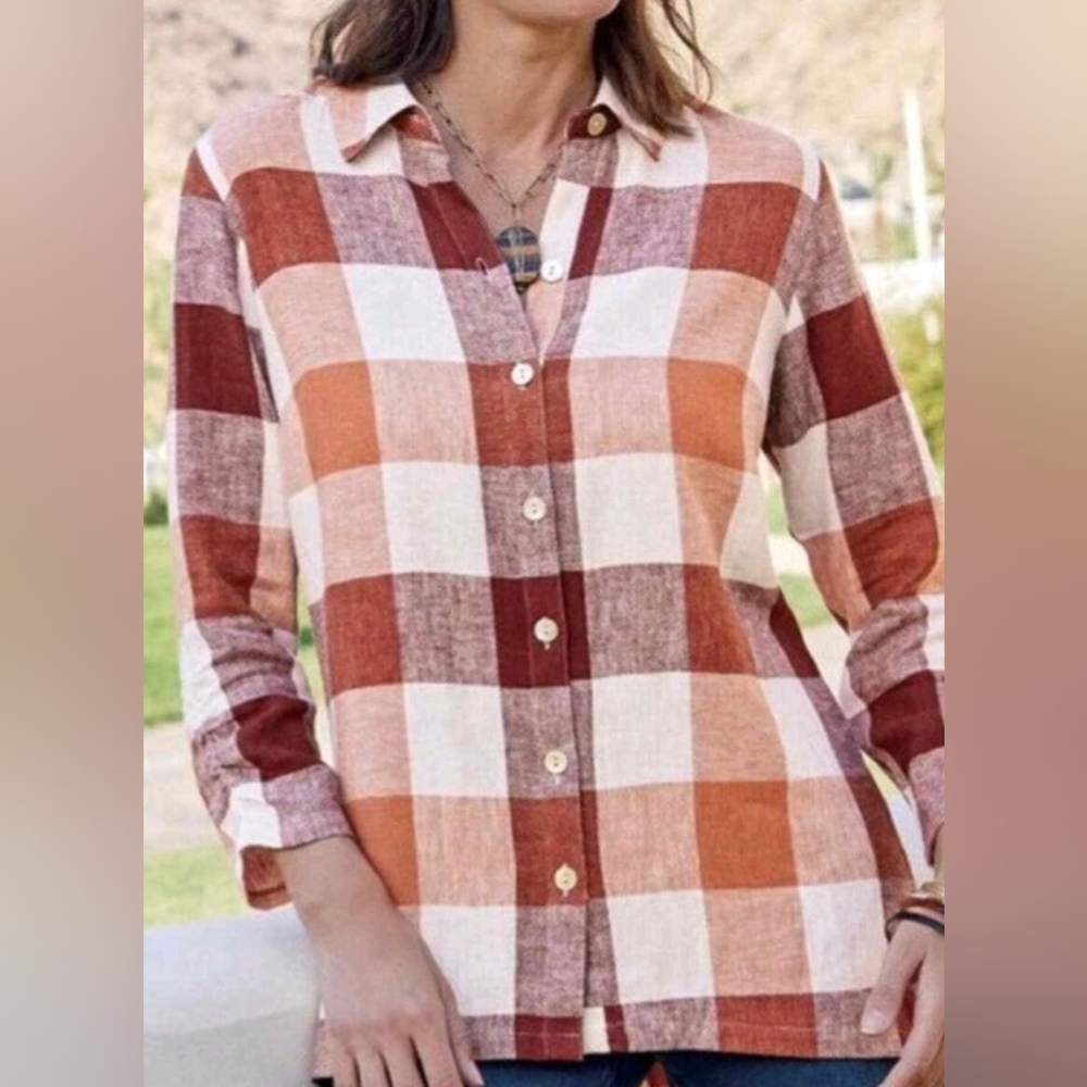 Soft Surroundings Carreaux Plaid Linen Blend Button Down Shirt 3/4 Slve PXL